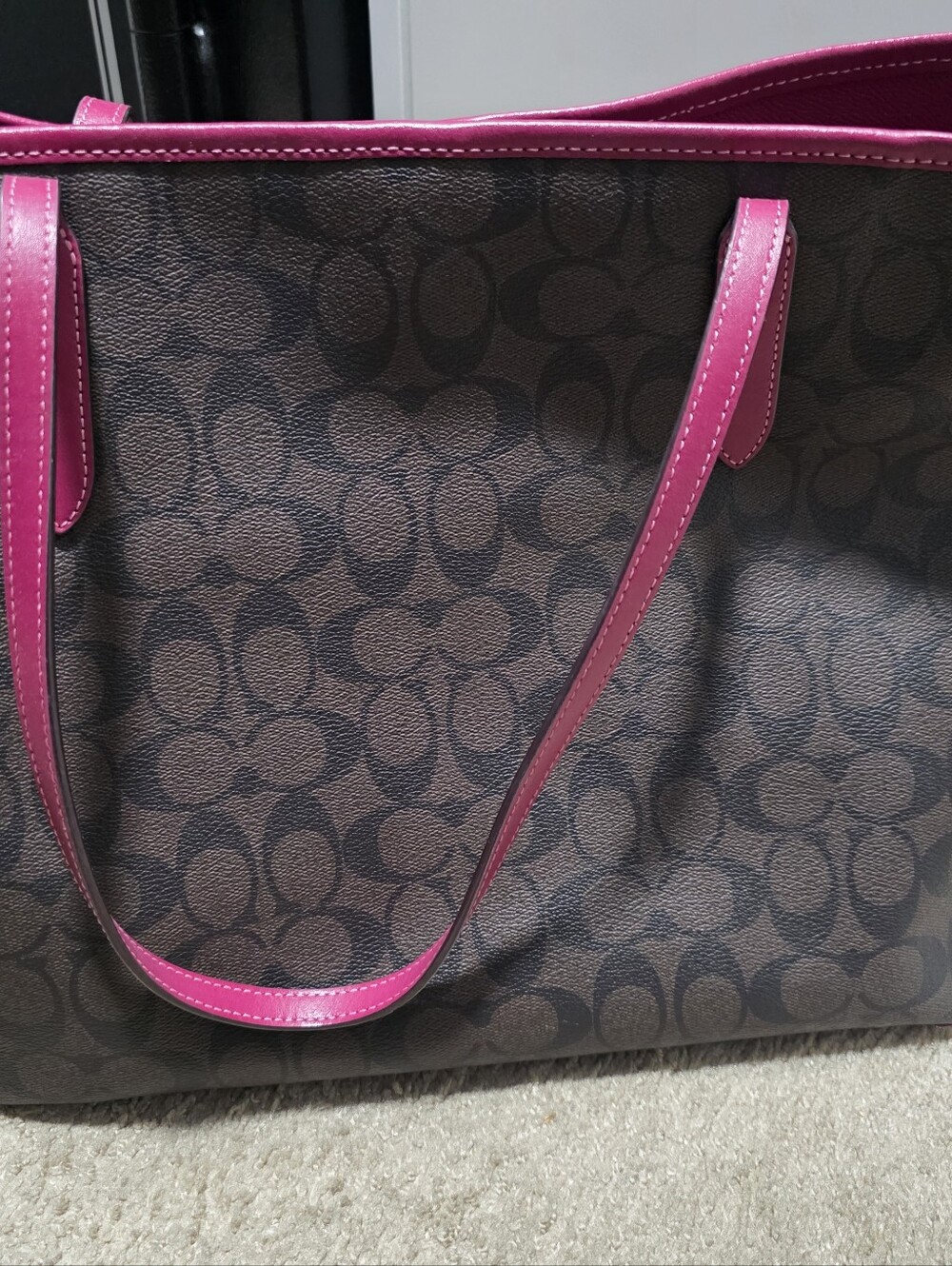 Coach Brown Signature Tote with Pink Trim and Charm - Picture 3 of 3